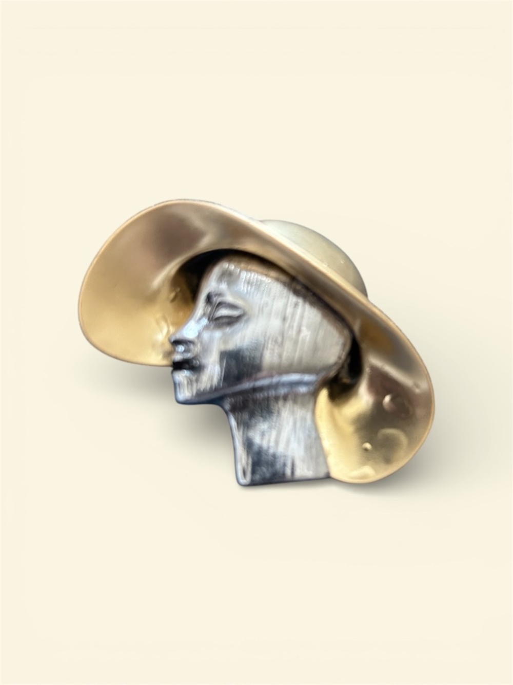 Vintage Ultra Craft Lady Face Profile Sun Hat Brooch Pin Pewter Gold Two Tone